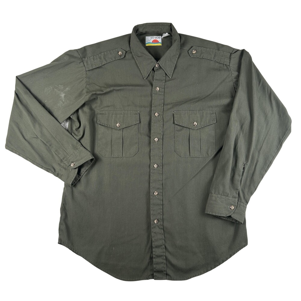 Vintage Geo Wear Shirt Mens XL Long Sleeve Military Epaulet Button Up USA 80s